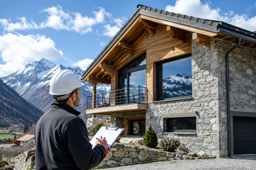 Expert en bâtiment examinant une maison dans les Hautes-Alpes